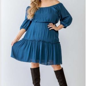 Janette Plus Junior Plus Teal Textured Ruffle Flare Hem Mini Dress NWOT